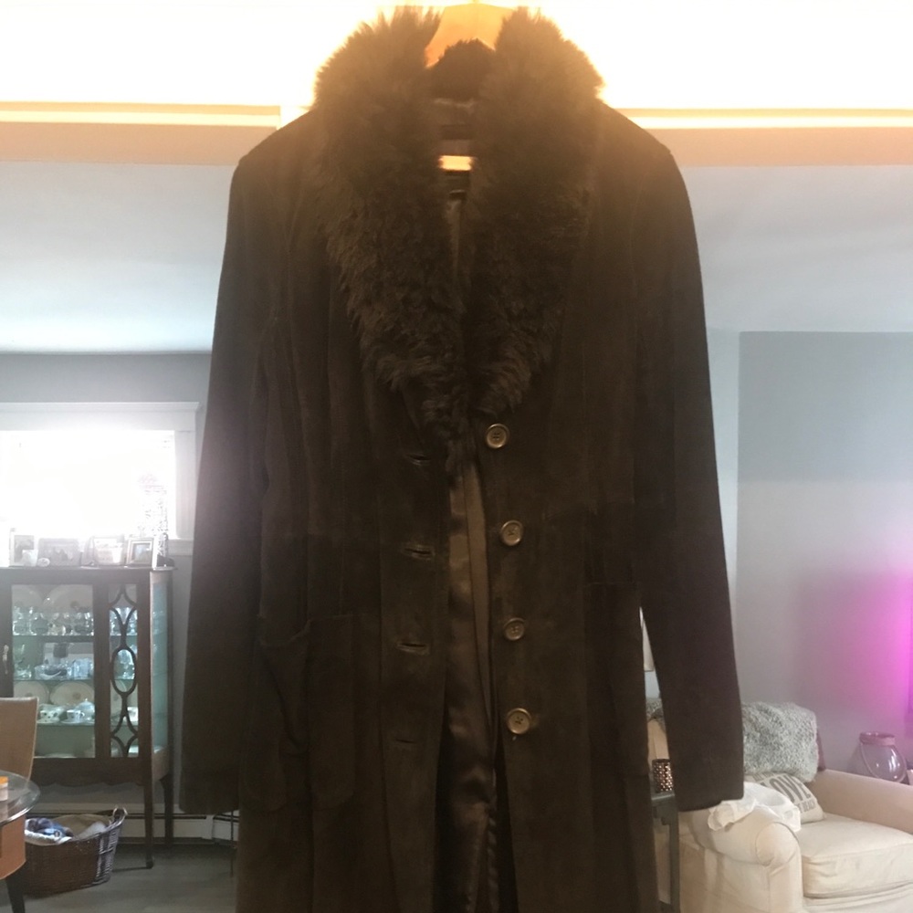 Banana Republic suede long coat with fur collar
